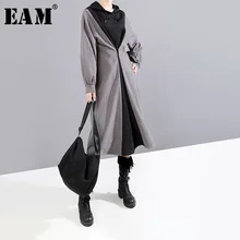 [EAM] женское серое платье с пряжкой, с разрезом, новинка, с капюшоном, с длинным рукавом, свободный крой, мода, весна-осень, 19A-a151