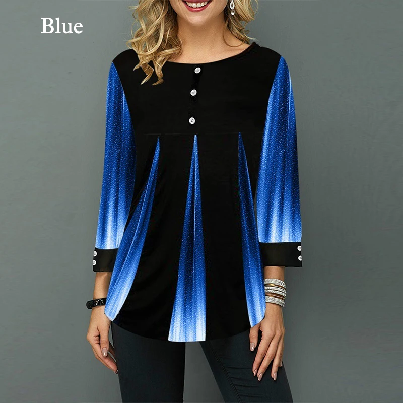 Женская рубашка на весну и осень, повседневная, размера плюс, рукав 3/4, женские блузки, модные, свободные, с круглым вырезом, в полоску, на пуговицах, женские Рубашки, Топы - Цвет: Синий
