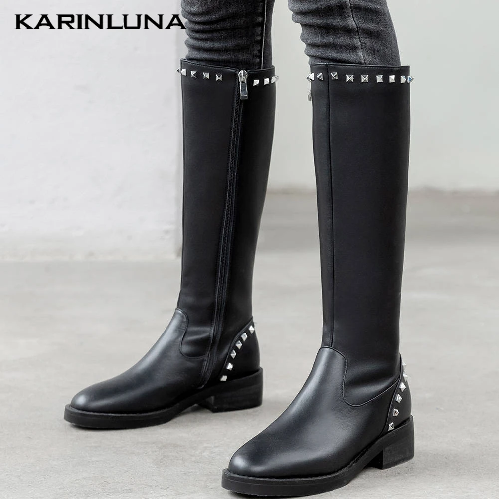 KARINLUNA/ г.; большие размеры 42; модная зимняя женская обувь из натуральной кожи; сапоги для верховой езды; женские сапоги до колена; женская обувь
