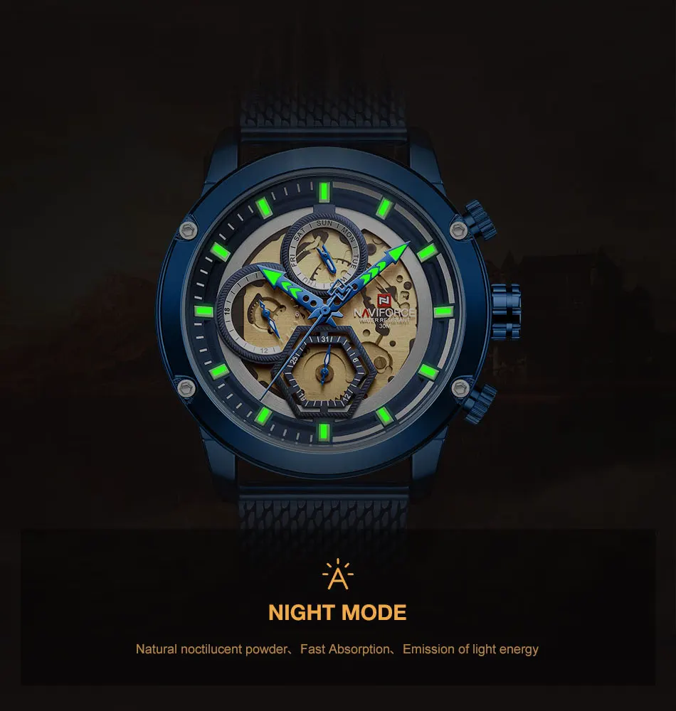 New Naviforce Men Watch Blue Skeleton Dial Luminous Mens Wrist Watches Luxury Design Quartz Watch Men Luxury Watches Waterproof