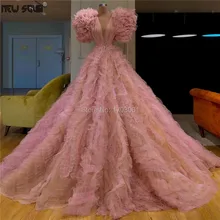 Fashionable Tiered Prom Dresses For Weddings Pink Tulle Turkish Islamic Robe De Soiree Party Gowns Dubai Long Evening Dress