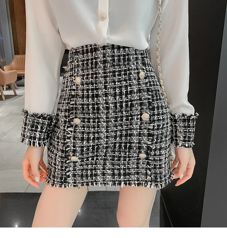 Высококачественная элегантная женская женский комплект 2 шт., твидовая шифоновая рубашка с кисточками, топ+ двубортная шерстяная мини-юбка-карандаш
