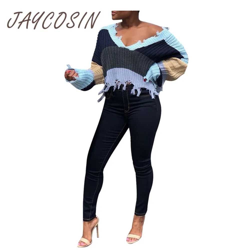 JAYCOSIN Clothes women rainbow sweaters Contrast color v neck crop top ladies knitted tassel loose sweater winter | Женская одежда
