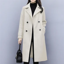 Осенне-зимнее женское пальто, повседневное шерстяное пальто, Одноцветный кардиган, куртки для женщин, элегантное двубортное длинное пальто для девушек размера плюс