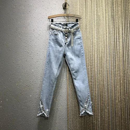 not with belt Европейская Новинка года; сезон осень; женские Стрейчевые Бусы из горного хрусталя с высокой талией; джинсовые брюки; узкие джинсовые брюки - Цвет: not with belt