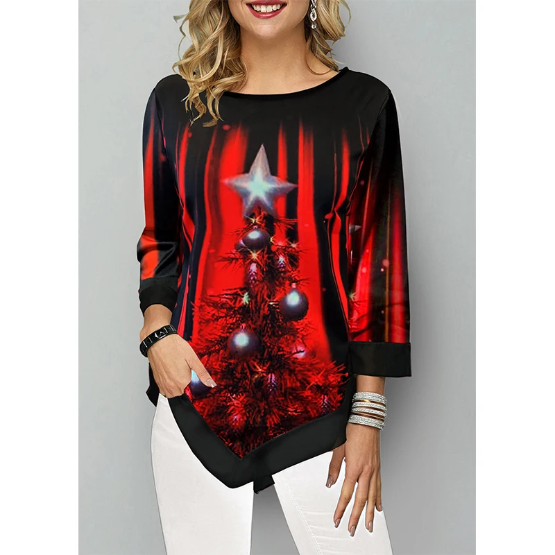 Blusa de Navidad para mujer, camisa roja con estampado de disfraz de Navidad, informal Irregular de Año Nuevo, 2022|Blusa| - AliExpress