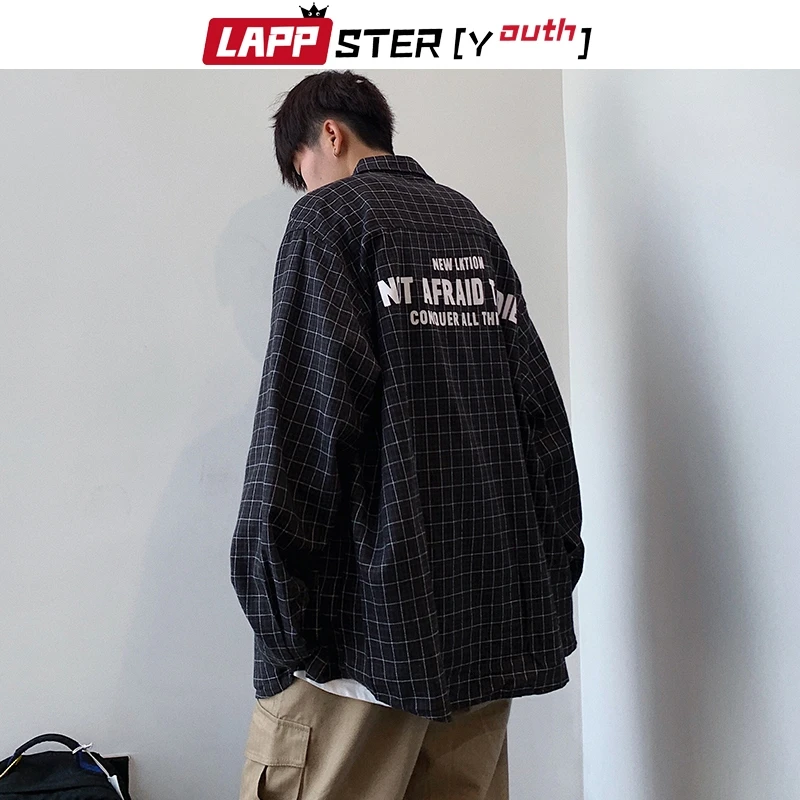 LAPPSTER-Youth Мужская Уличная Harajuku клетчатые рубашки Мужская модная рубашка белая рубашка с длинным рукавом на пуговицах негабаритная 5XL