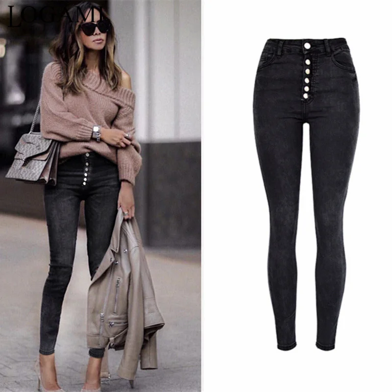 Женские джинсы на пуговицах LOGAMI черные Стрейчевые узкие с высокой талией осень и