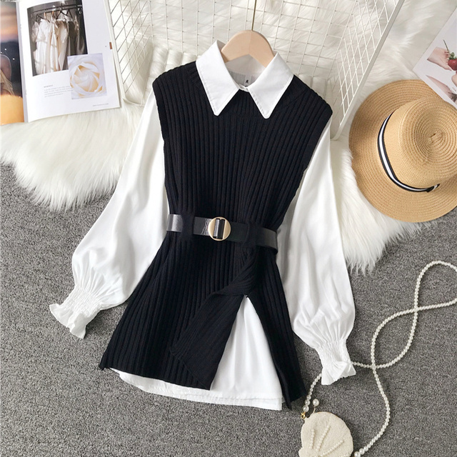 Shirt Knitted Vest Two Piece Sets 2021 Spring Autumn Sweaters Korean Style Lantern Long Sleeve Top Femme Pullovers