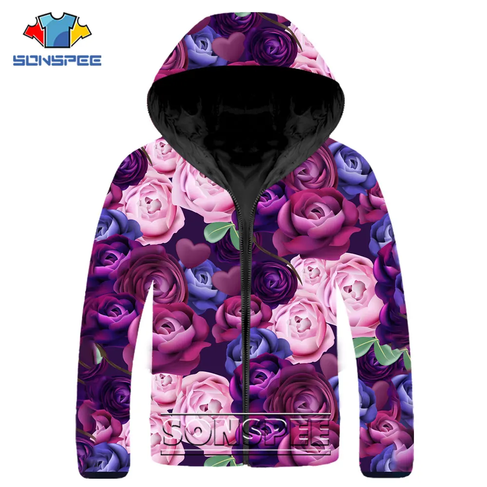 SONSPEE Casual Hip Hop Parkas 3D Print Fashion Flower Sunflower Rose Graphics Down Jacket Winter Keep Warm Streetwear Coats
