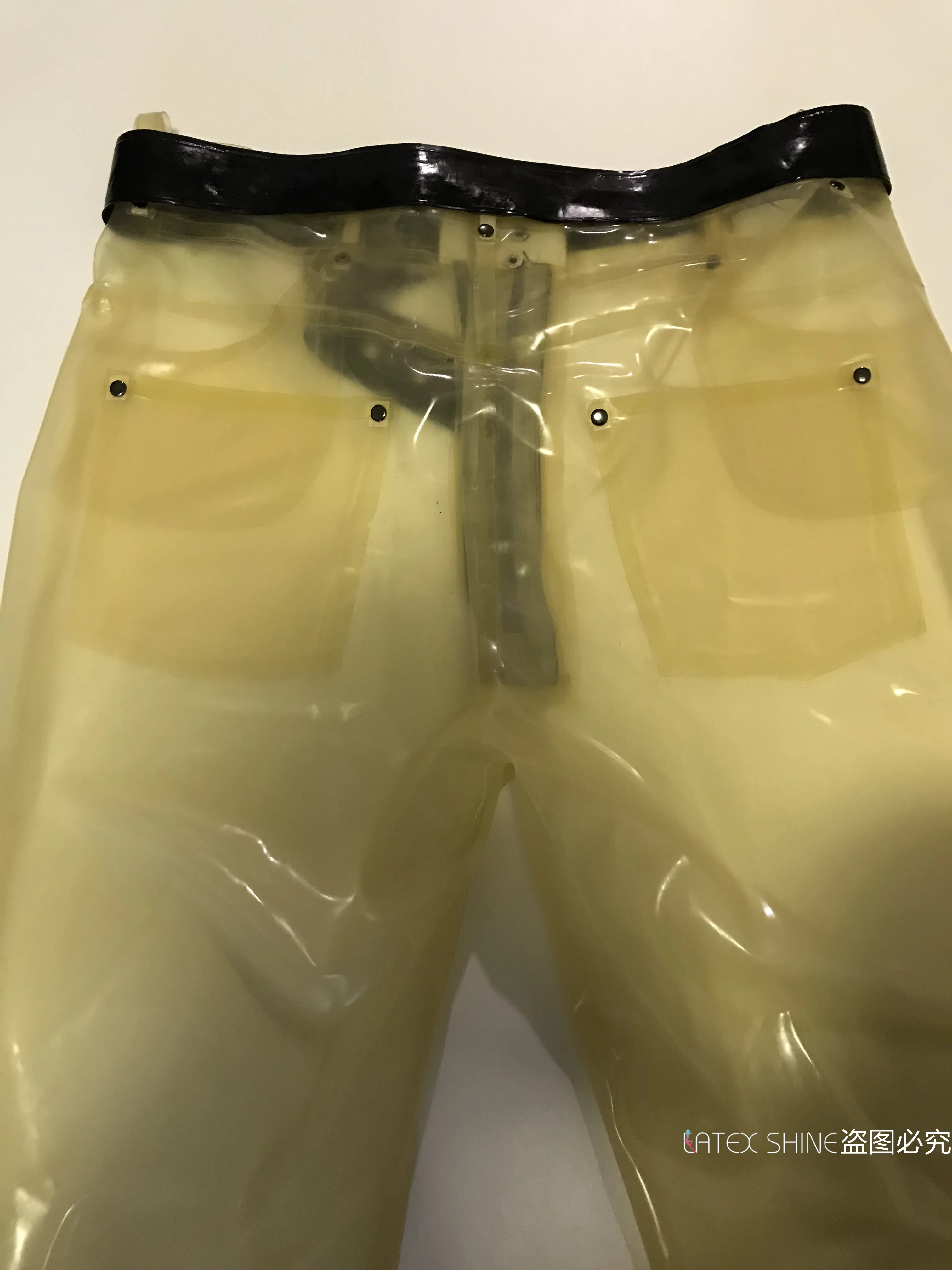 Men Transparent Latex Fetish Pants Rubber Jeans Pockets Belt Front Zipper Sexy