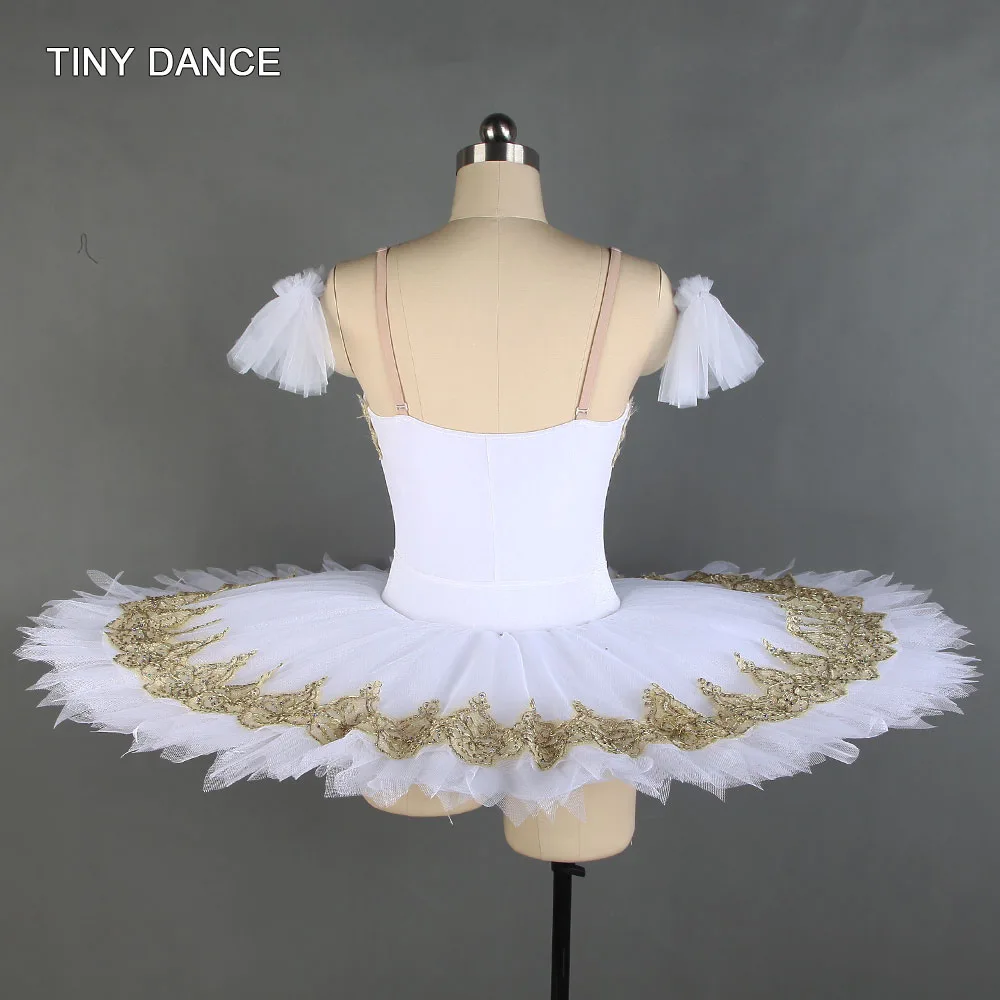 Classical White Velvet Professional Ballet Dance Tutu with Gold Trim Ballerina Costume Girls Pleated Tulle Pancake Tutus BLL131