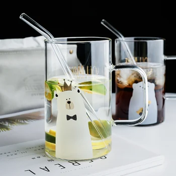 

Creative Glass Mug Breakfast Milk Juice Tea Coffee Cup Cute Bear Transparent Handle With Cover Mugs Home Office Drinkware