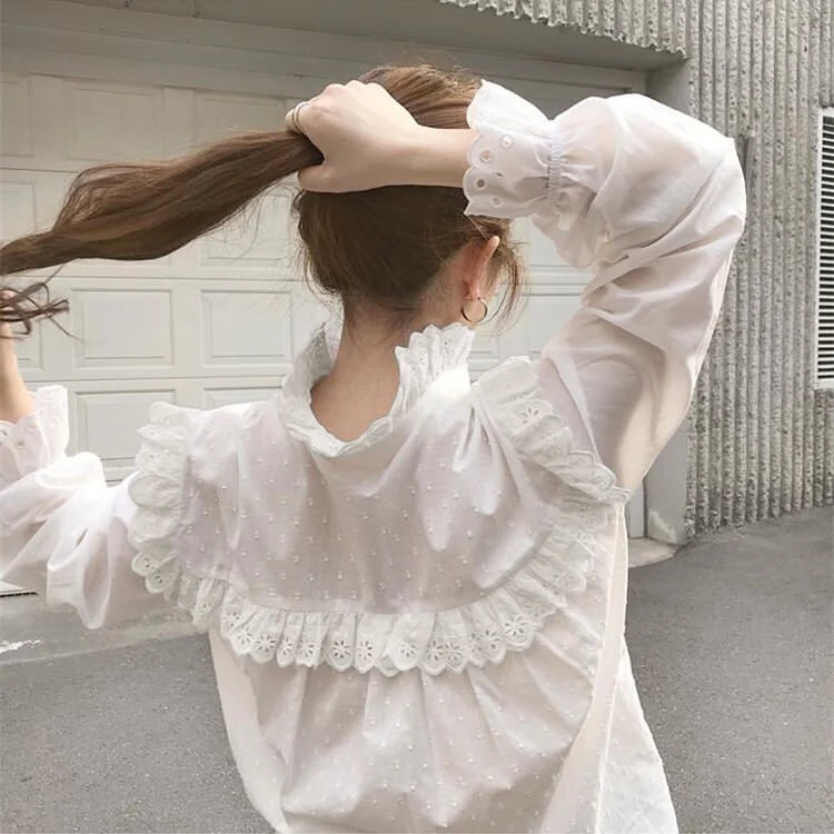 Фея леди Ruched кружева подол Лоскутная Блузка Kawaii весна осень Лолита Женская рубашка Топ Chemise Femme Chemisier Blusa Mujer