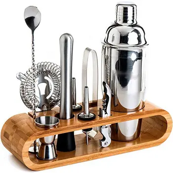 

10 Piece Set Stainless Steel Cocktail Set Bar Bartending Tool Barware Set Shaker Set with Wooden Rack