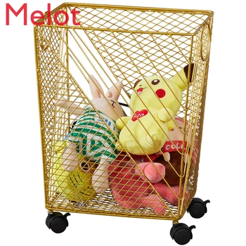 

Nordic Metal Golden Dirty Clothes Storage Handle Wheel Square Laundry Basket Home Creative Organizer With Wheel