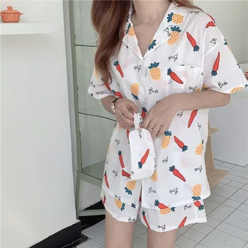 

2020 New Cartoon Carrot Pajamas Women Summer Korean Style Cotton Home Clothes Set Short Sleeve Shorts Night Wear Onsie