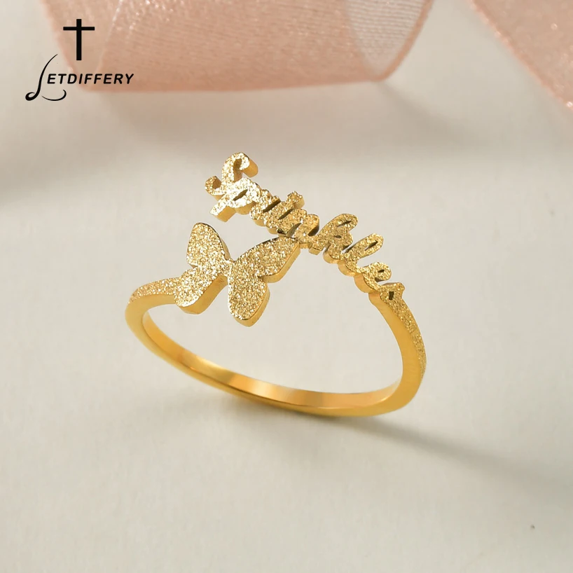 Letdiffery Frosted Butterfly Name Personlized Rings for Women Gold Bling Stainless Steel Wedding Custom Jewelry Adjustable Ring | Украшения