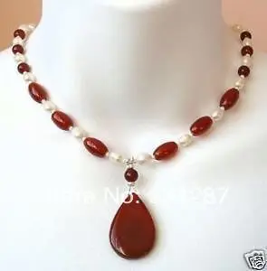 

Beautiful white pearl and Red jade pendant necklace