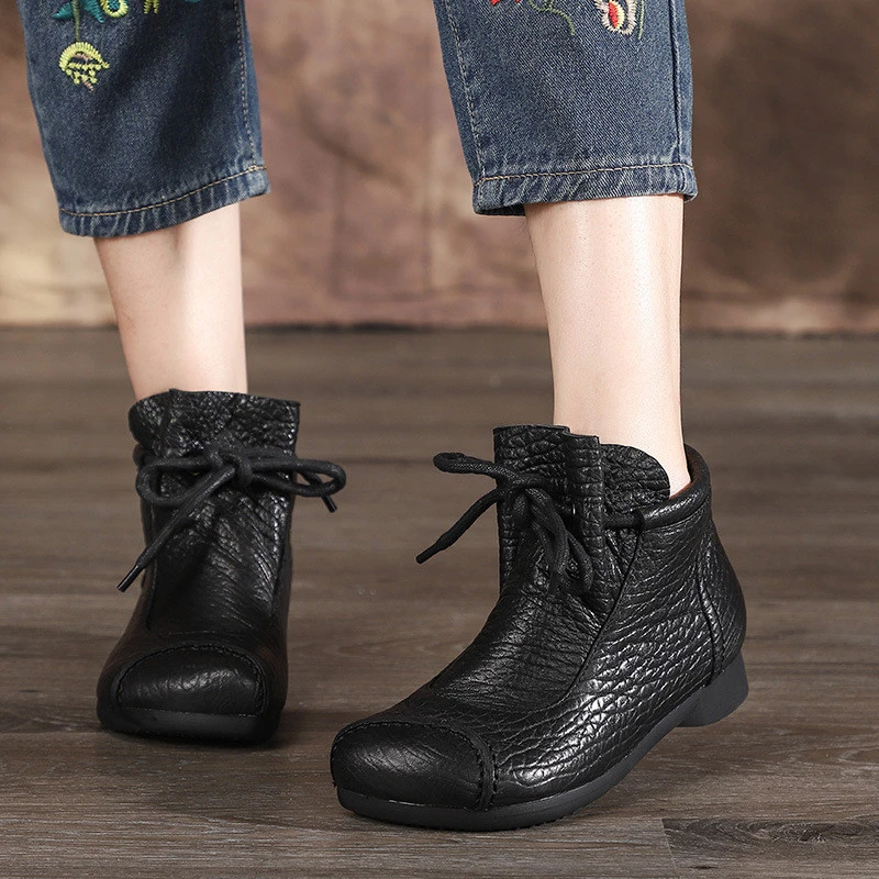 

Ankle Boots For Women Autumn Winter 2020 New Personalized Cowhide Boots Flat Bottom Short Women's Leather Lace Up Casual Shoes