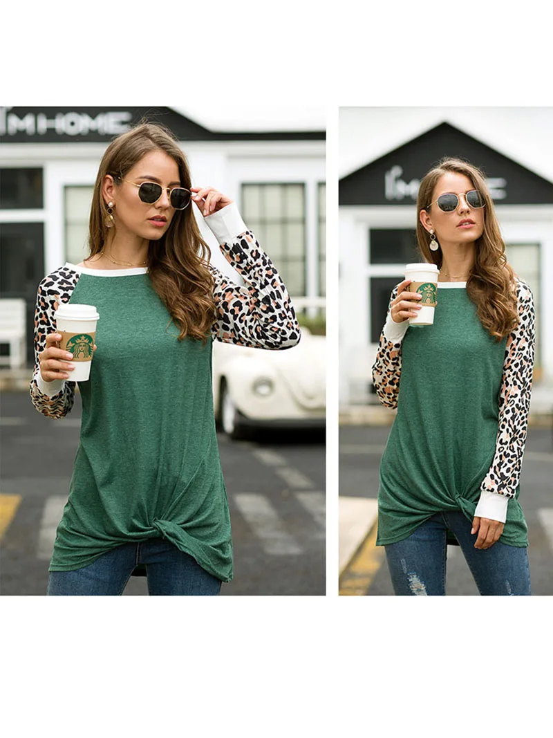 Повседневная Женская рубашка с леопардовым принтом, свободные женские топы с длинным рукавом и круглым вырезом, модные женские футболки