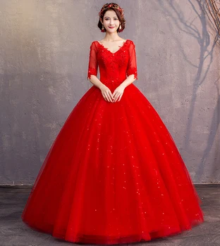 

New 2020 Appliques Beads Lace Half Sleeves Red Wedding Dresses floor length Ball Gown V Neck Cheap Plus Sizes Vestido De Noiva