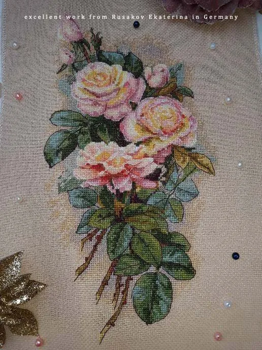Vintage 手刺繍 クロスステッチ 薔薇 コットンブラウス ドイツ ヴィンテージ クロス H59cm×W122cm 横長 クロスステッチ 刺繍