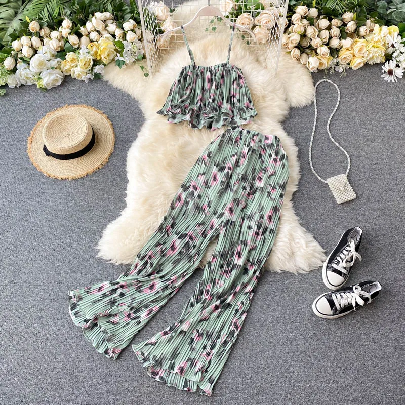Women's Summer Sets Vacation Style Printed Short Camisole Pleated High-waist Wide-leg Pants Two-piece New Casual Sets LL956