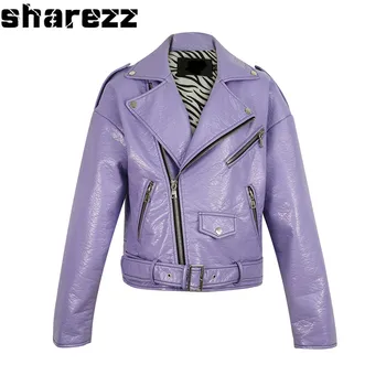 

Sharezz 2020 Spring New Loose Fit Locomotive High End long sleeve Short faux pu Leather Jacket Women Purple Blue Biker Coat
