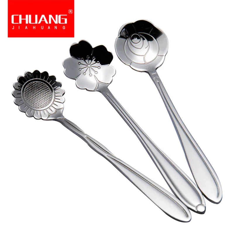

1Pc Creative Flower Shape Stainless Spoon Silver Gold Black Steel Spoon Colorful Coffee Tea Ice Cream Dessert Spoon Rose Spoons