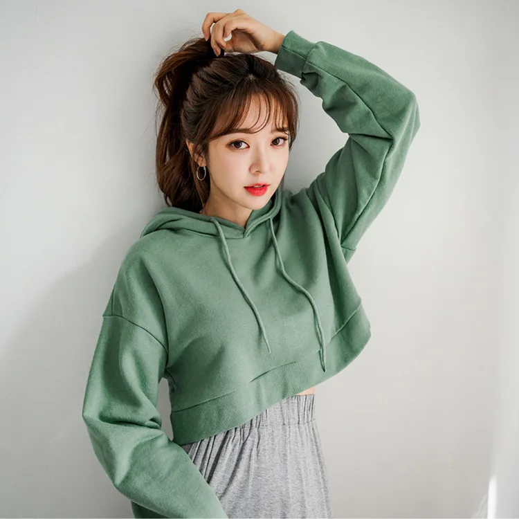 

2020 New Products WOMEN'S Dress Women's Looped Pile Loose Solid Color Drawstring Hoodie Long Sleeve Short Significantly Higher T