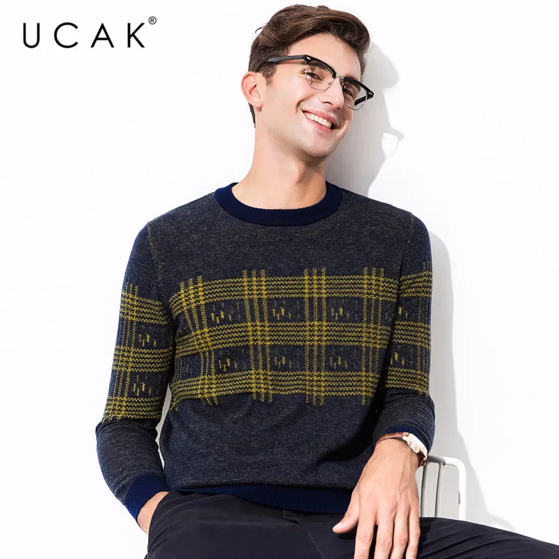 Deals UCAK Brand Pure Merino Wool Sweater Men Streetwear Fashion Plaid Pull Homme Autumn Winter Pullover Men Cashmere Sweaters U3080