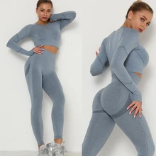 Conjunto de yoga feminino sem costura, 2 peças, manga longa, top crop + calça legging de cintura alta, roupas femininas, roupas de treino para mulheres