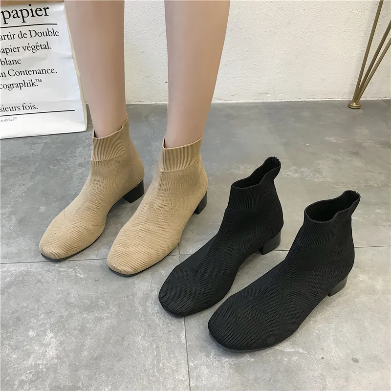 

Martin Boots Women's 2019 Knitted Socks Versatile Autumn And Winter New Style Boots Square Head in Chunky Heel Solid Color Boots