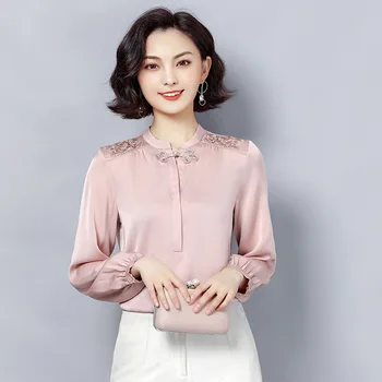 

Women's solid color long sleeve round neck button chiffon shirt