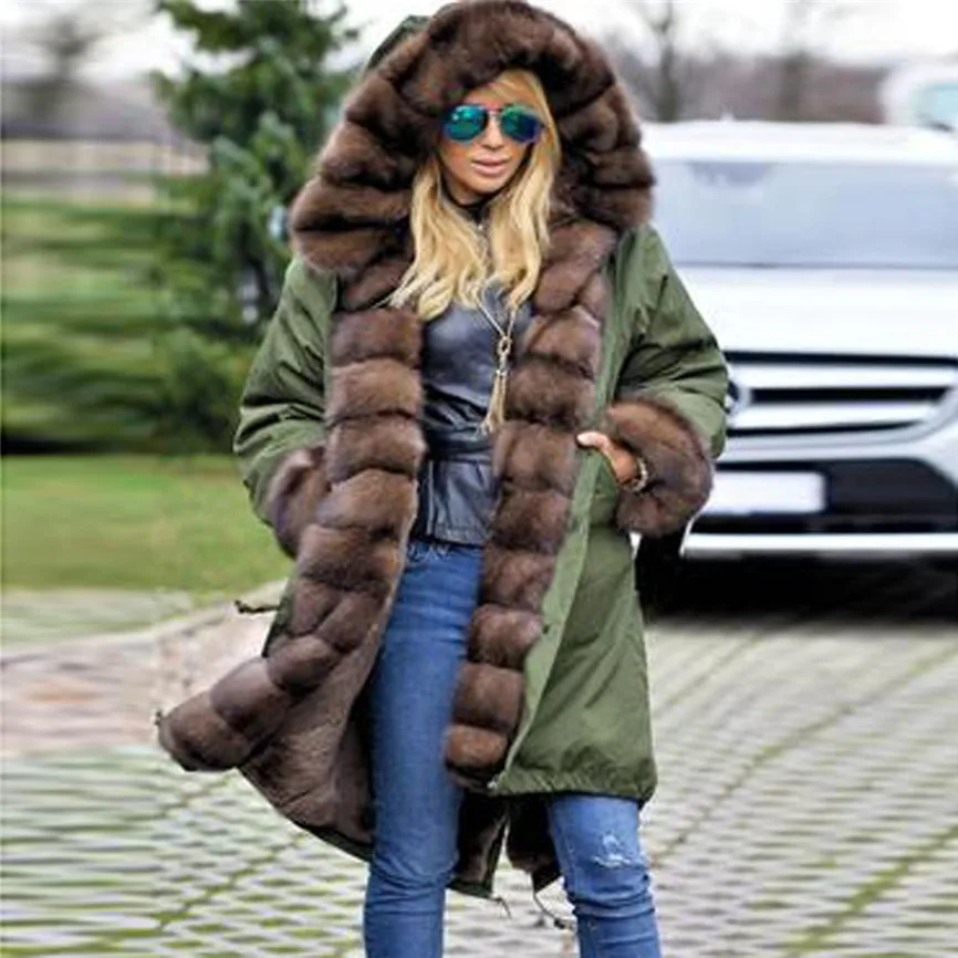 Womens Faux Fur Winter Jacket Parka Hooded Coat Fishtail Long Sleeves Overcoat Cotton Fleece Female Parkas Plus Size M-3XL