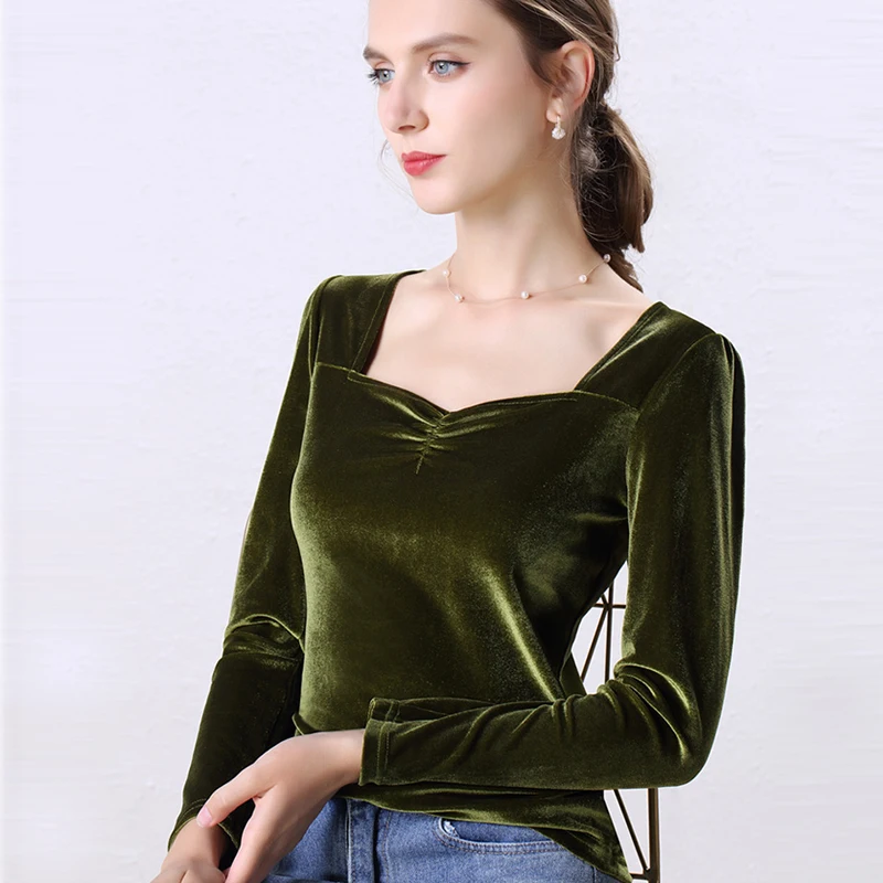 

Winter Full Sleeve Velvet Retro Women Top Stand Collar Long Sleeve Blouse Elegant Women Blouses Pleated Square Collar Sexy Shirt
