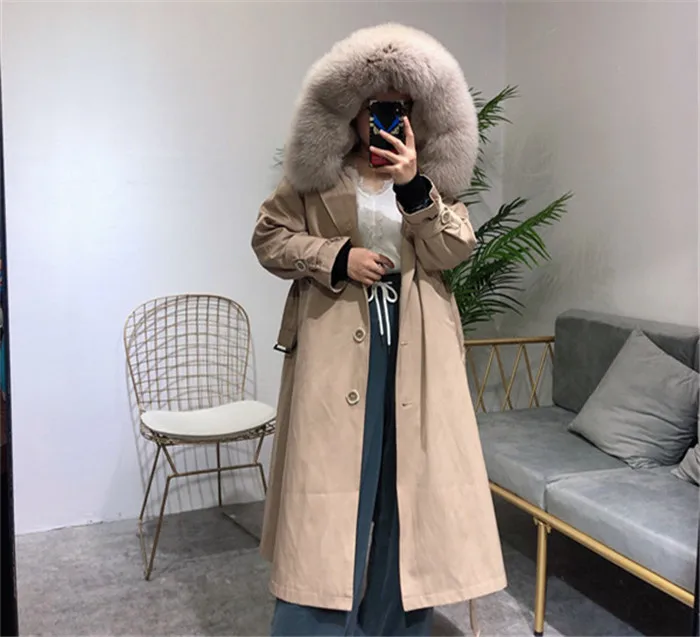 Parka Real Fur Thicken Female Real Rabbit Fur Liner Long Trench Coats Winter Jacket Women Fox Fur Collar Parkas