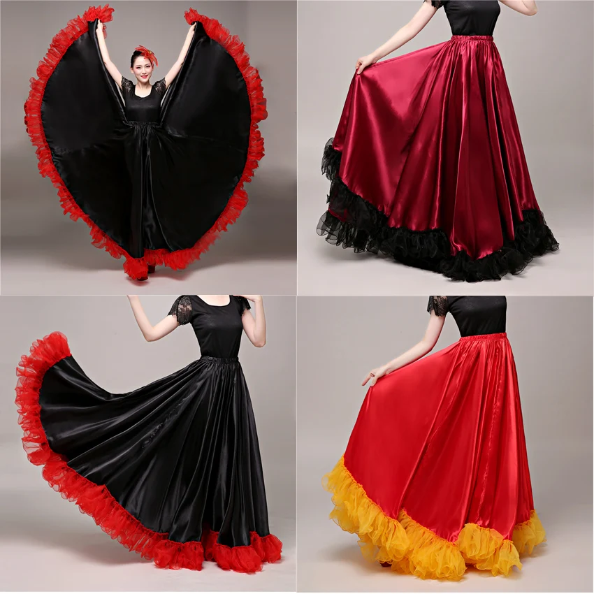 90 см размера плюс Цыганская испанская Фламенко юбка кружева женщина девушки танец живота шелковый атлас Гладкий коррид представление эластичное платье
