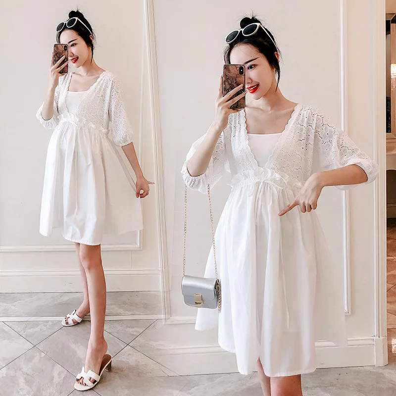 

2019 New Style Fashion Fairy Immortal Maternity Clothes Dress French Palace Elegant Hollow out V-neck High-waisted Hot Mom