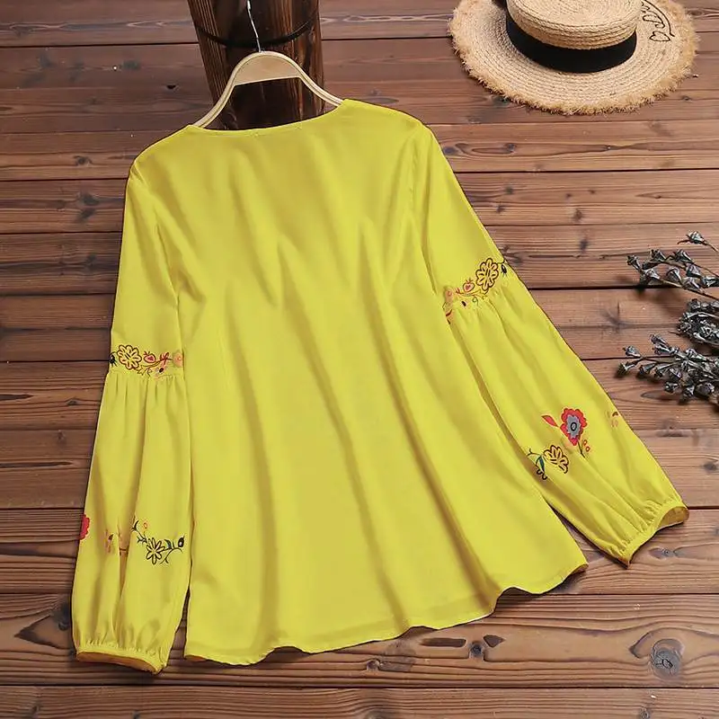 Богемные топы с принтом, Женская Осенняя блузка ZANZEA размера плюс, модная туника с v-образным вырезом и длинным рукавом, рубашки, женские повседневные блузы