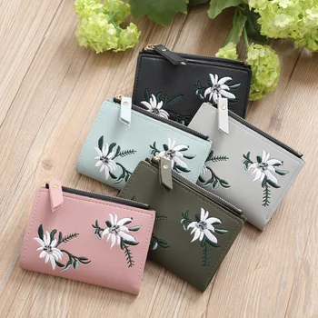 

2019 new mini short student wallet female embroidery thin zipper wallet PU Leather Wallets Female Floral Hasp Coin Purse