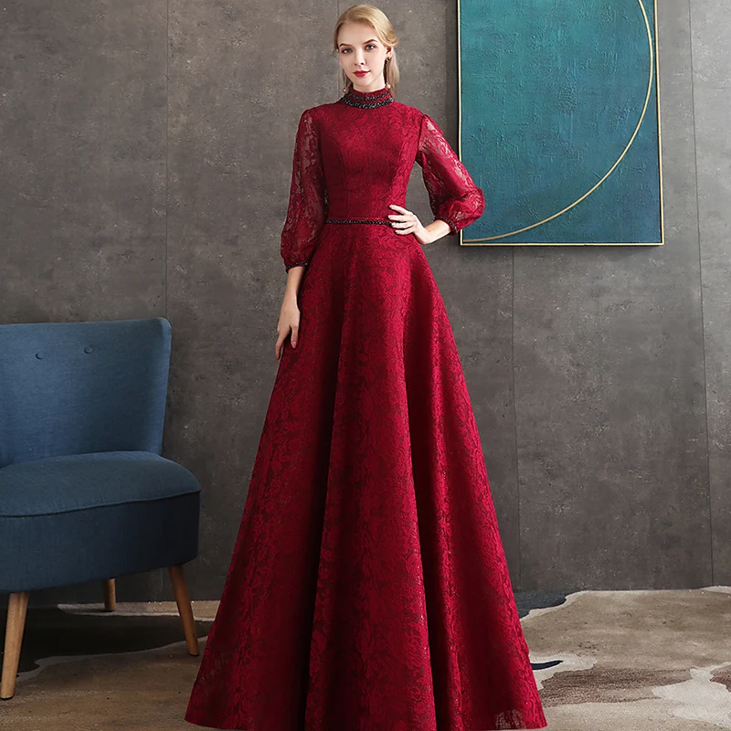 Colour As Picture Винтажное кружевное вечернее платье с бретелькой через шею, коллекция 3/4 года, пышное женское платье трапециевидной формы с длинным рукавом на шнуровке, вечерние платья на выпускной, настоящая фотография - Цвет: Colour As Picture