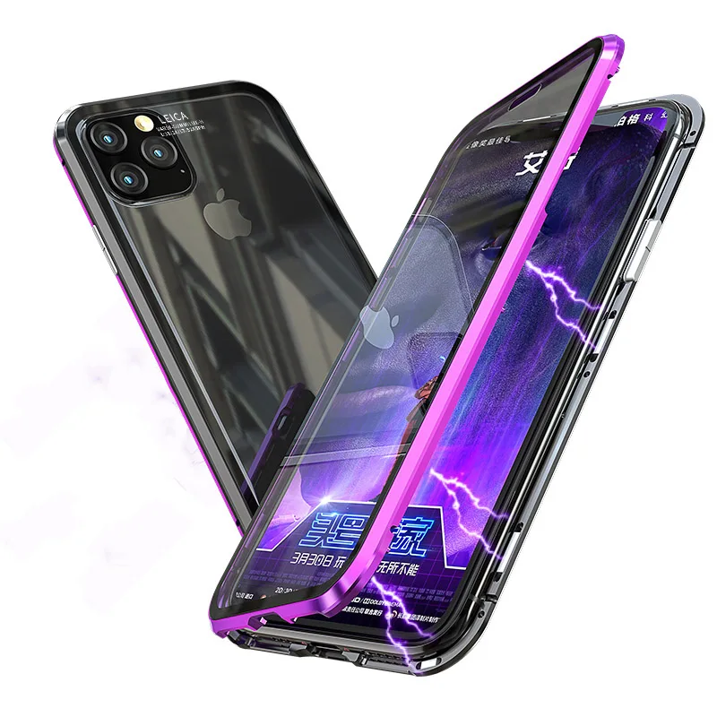 Magnetic Case Full Protect For iphone 11Pro Max Luxury Armor Shockproof Metal Frame Clear Tempered Glass Cover For iphone11 Pro