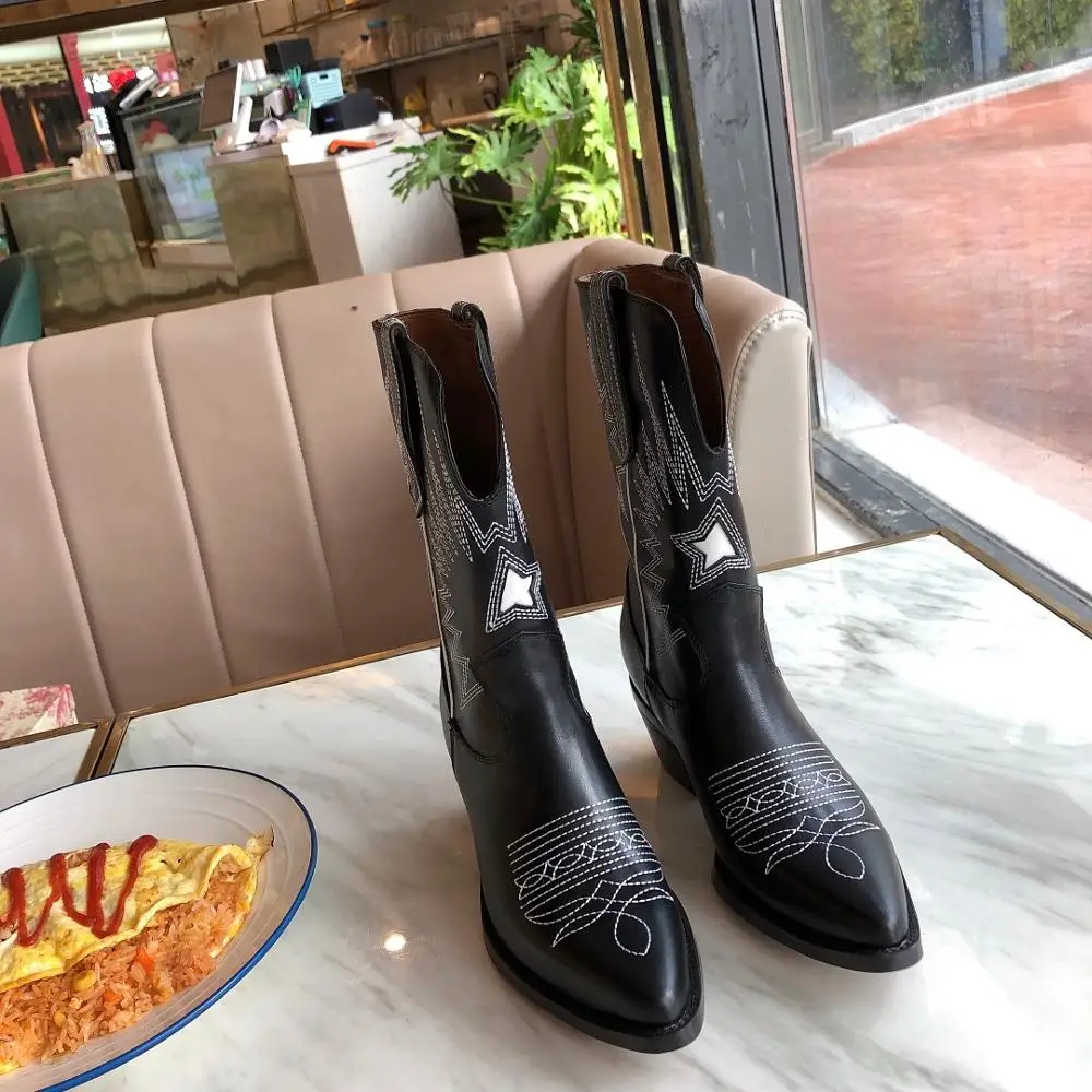 

Vibsterimma New 2019 Embroidered Star Ankle Boots Women Genuine Leather Wish Western Booties