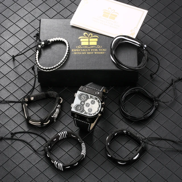 Men Quartz Wristwatches Waterproof Business Mens Watches Top Brand Luxury 6PCS Woven Leather Bracelets Gift Set for Men 2