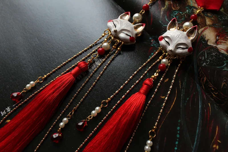 fox beaded tassel red Headband Ancient Chinese hair accessories hanfu kimono ribbon for COSPLAY SIZE:3*156CM