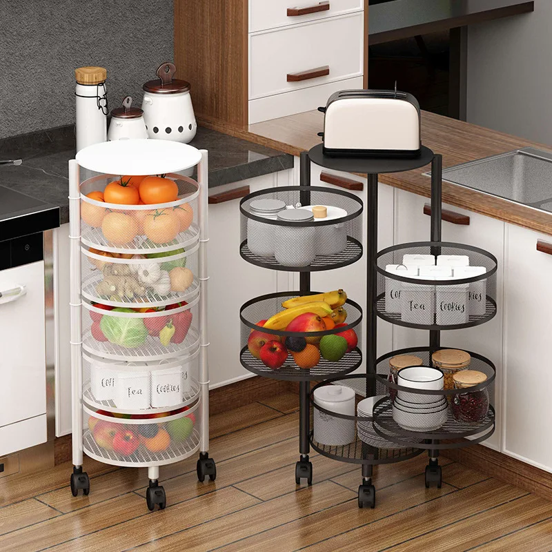 

3/4/5 Layer Kitchen Storage Basket Drawer Type Round Shape Rotatable Trolley Rolling Cart Floor-Standing Vegetables Fruit Rack