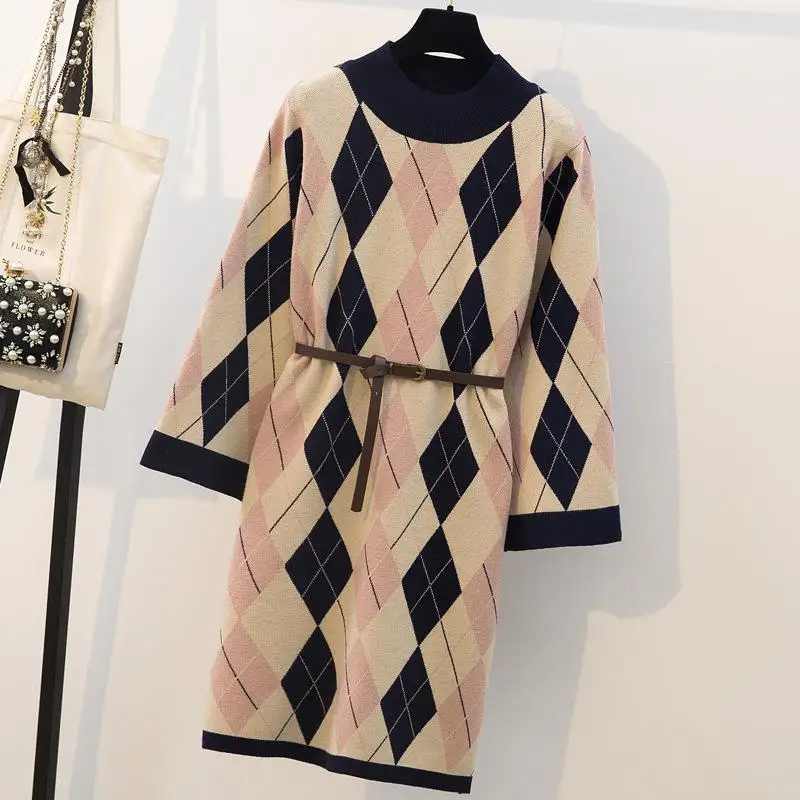 4xl размера плюс, зимнее платье, повседневное, большой размер, женское вязаное платье с поясом, клетчатое платье-свитер, свободное, миди, для офиса, для работы, vestidos