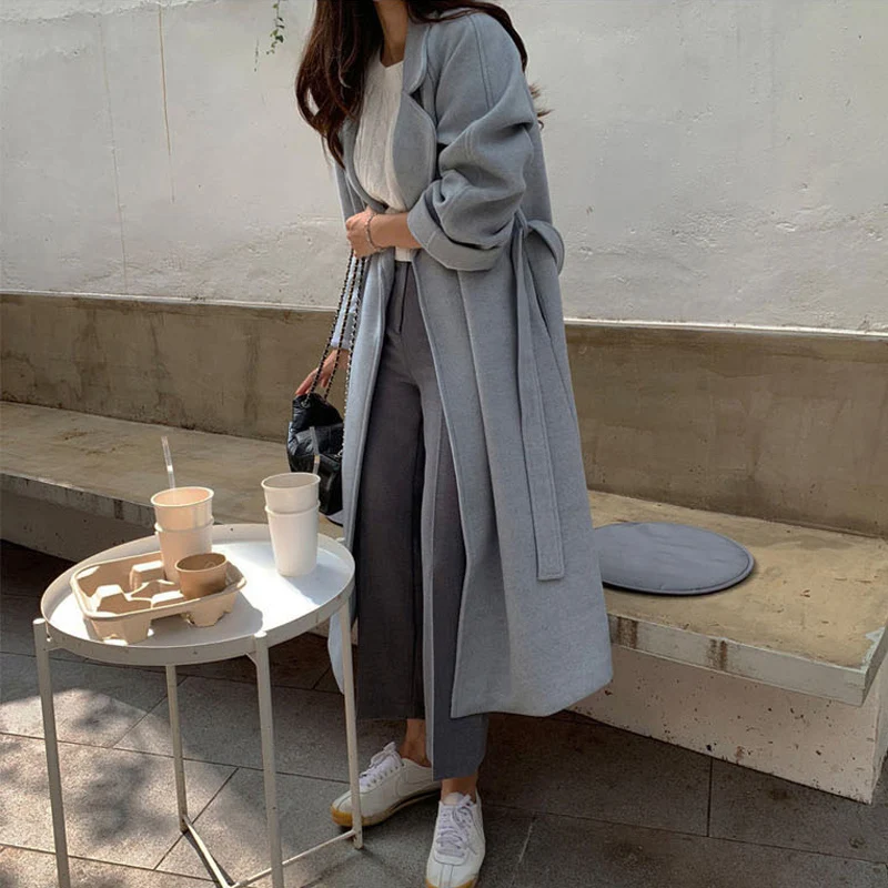 BGTEEVER Wool Blend Winter Tweed Coat Women Long Sleeve Elegant Sash Belt Femme Outwear Coat Autumn winter Overcoat Female